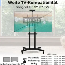Mobiler TV-Ständer für 32-70 Zoll Fernseher bis zu 50 kg Verstellbarer TV Rollwagen mit Kameraablage