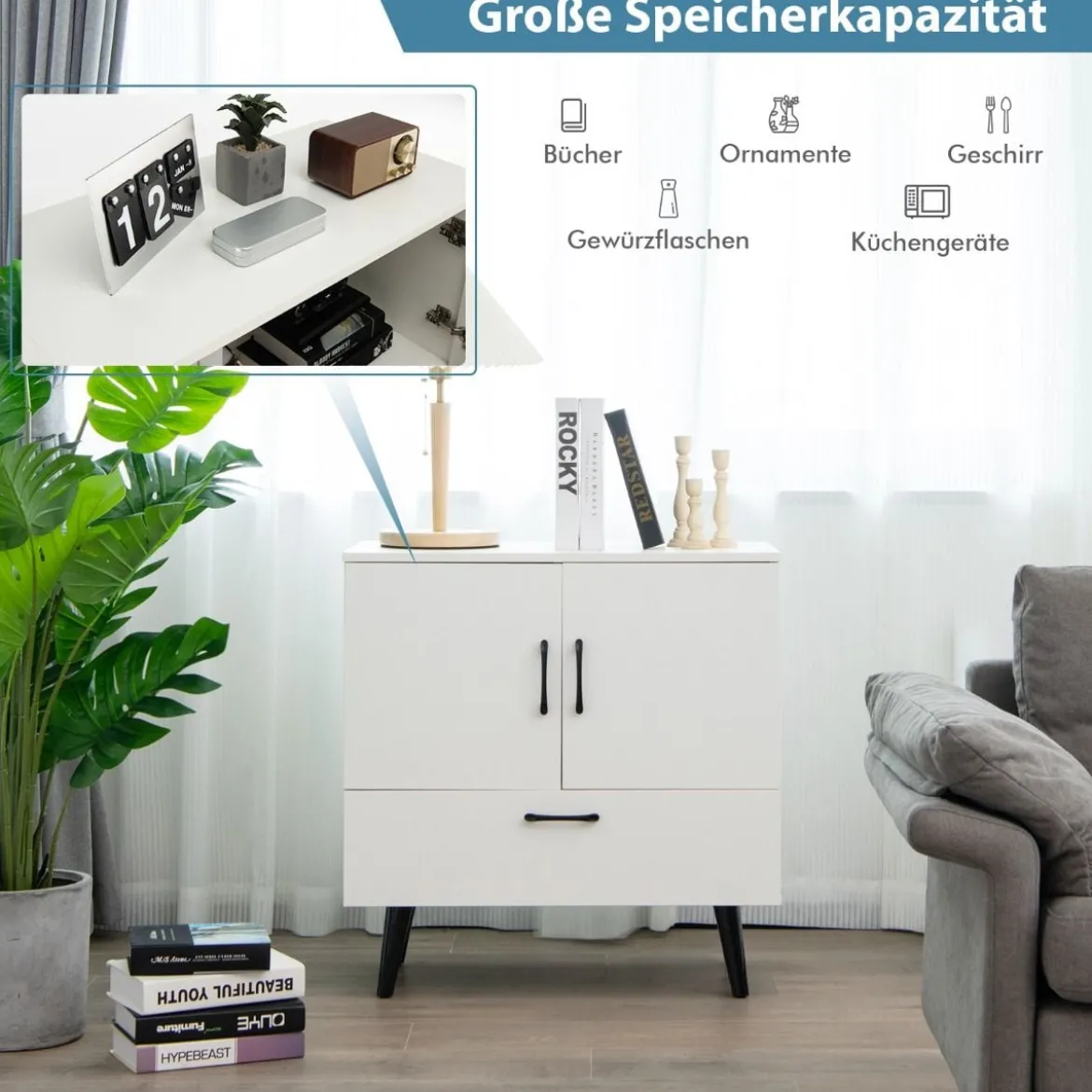 moderner Bodenschrank freistehender Akzentschrank mit 4 gespreizten Beinen Weiß