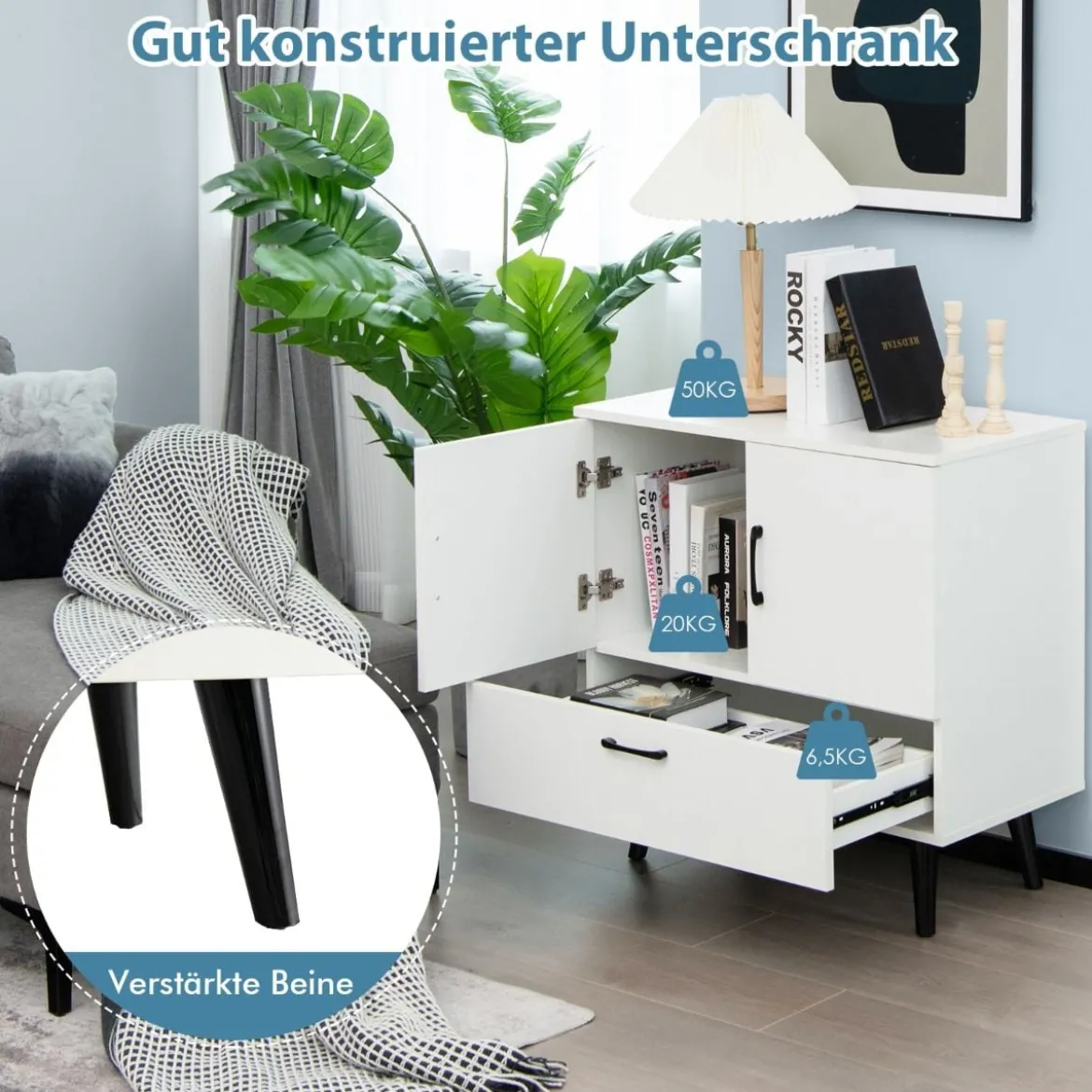 moderner Bodenschrank freistehender Akzentschrank mit 4 gespreizten Beinen Weiß