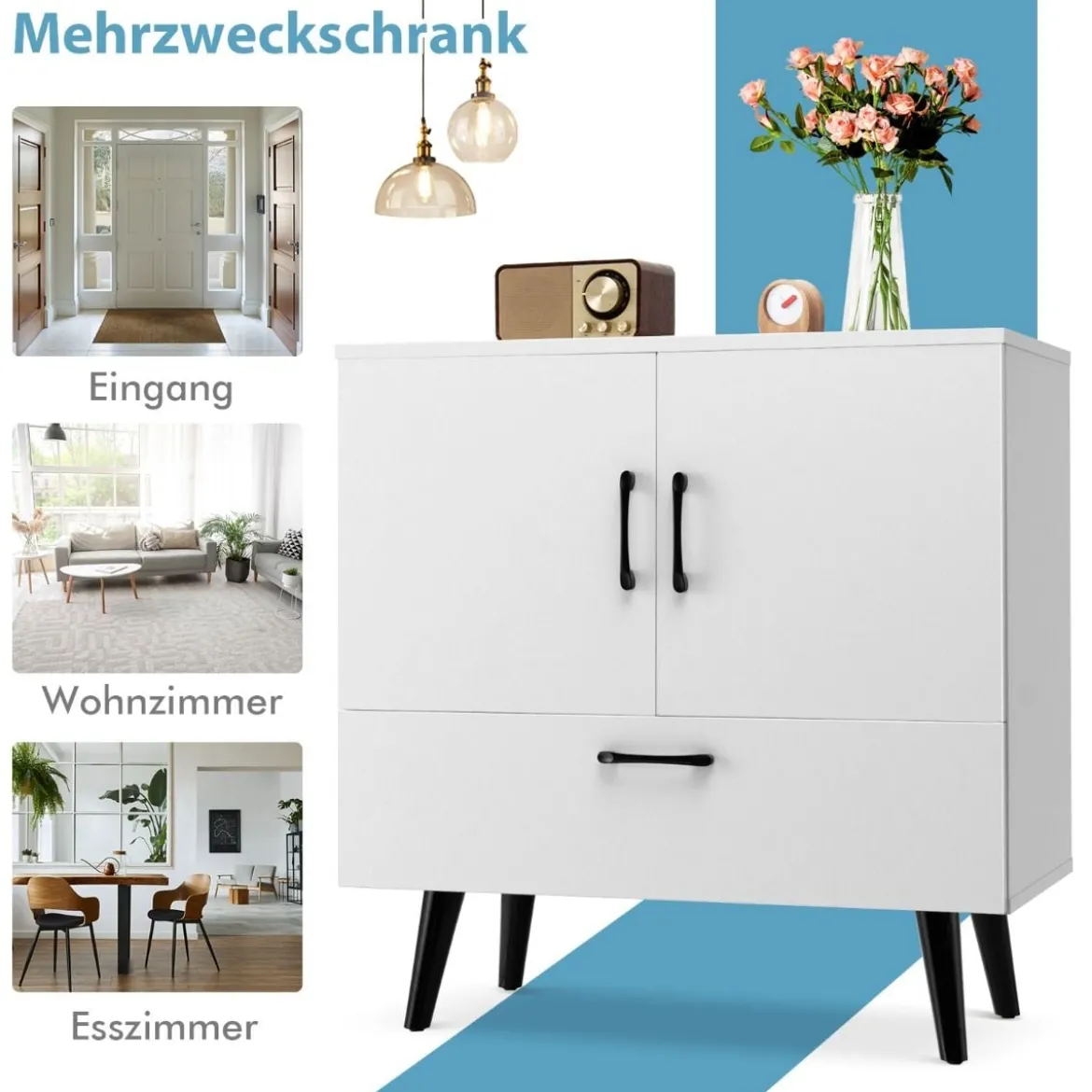 moderner Bodenschrank freistehender Akzentschrank mit 4 gespreizten Beinen Weiß