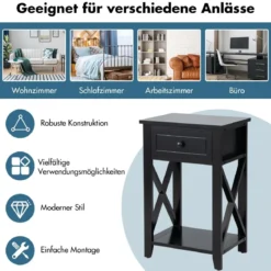 Moderner 2 Ebenen Nachttisch im X-Design mit Schublade 40 x 30 x 61,5 cm (2, Schwarz)