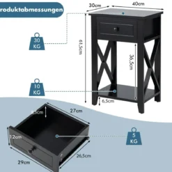 Moderner 2 Ebenen Nachttisch im X-Design mit Schublade 40 x 30 x 61,5 cm (2, Schwarz)