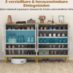 Moderner Holz Schuhschrank mit Mesh Türen & Metallbeinen & Verstellbaren Regalen Weiß