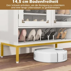 Moderner Holz Schuhschrank mit Maschentüren & Verstellbaren Regalen & Metallbeinen Weiß