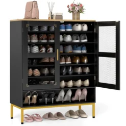 Moderner Holz Schuhschrank mit Maschentüren & Verstellbaren Regalen & Metallbeinen Schwarz