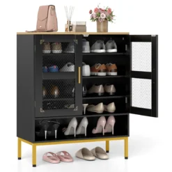 Moderner Holz Schuhschrank mit Mesh Türen & Metallbeinen & Verstellbaren Regalen Schwarz