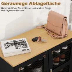 Moderner Holz Schuhschrank mit Mesh Türen & Metallbeinen & Verstellbaren Regalen Schwarz