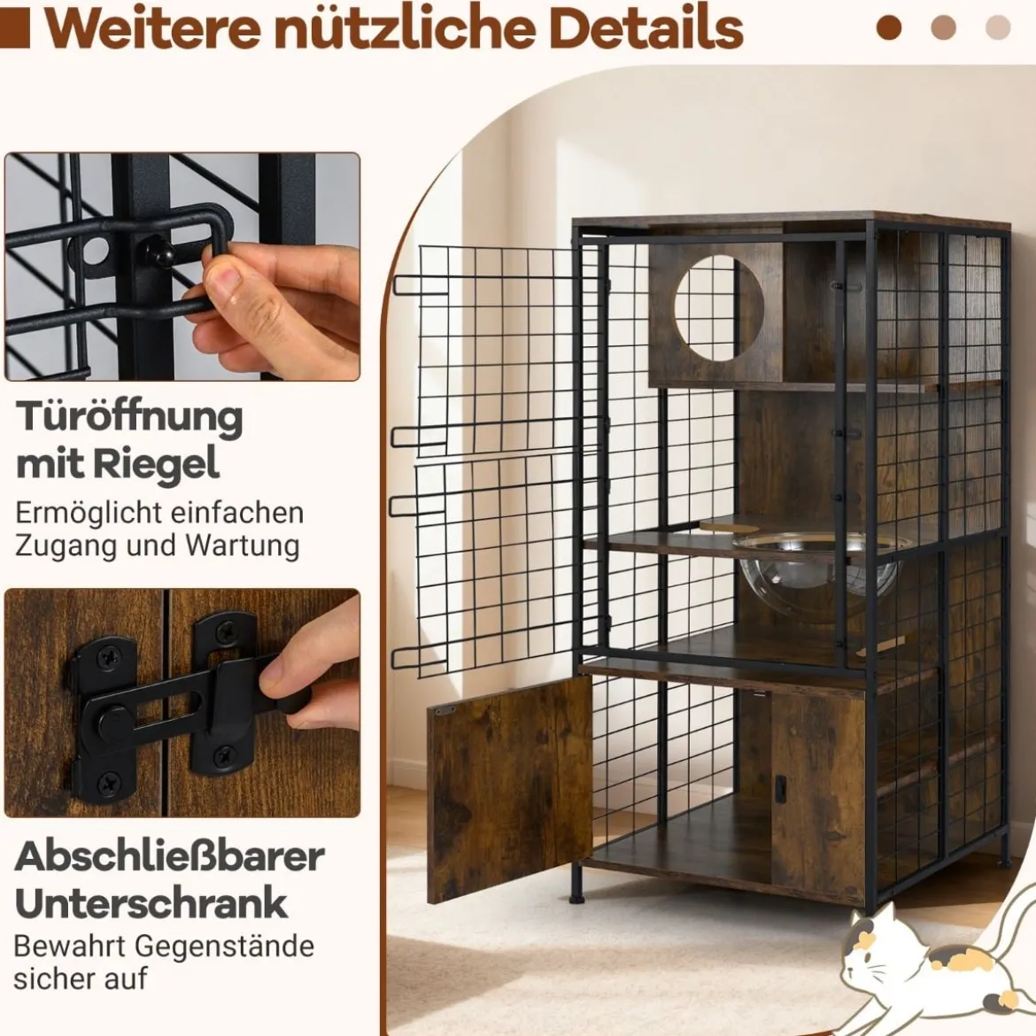 Moderner Katzenkabinett-Käfig mehrstöckiger Katzenstall mit Metallrahmen Katzenfutternapf Löcher Braun
