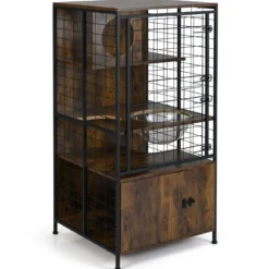 Moderner Katzenkabinett-Käfig mehrstöckiger Katzenstall mit Metallrahmen Katzenfutternapf Löcher Braun