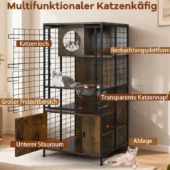Moderner Katzenkabinett-Käfig mehrstöckiger Katzenstall mit Metallrahmen Katzenfutternapf Löcher Braun