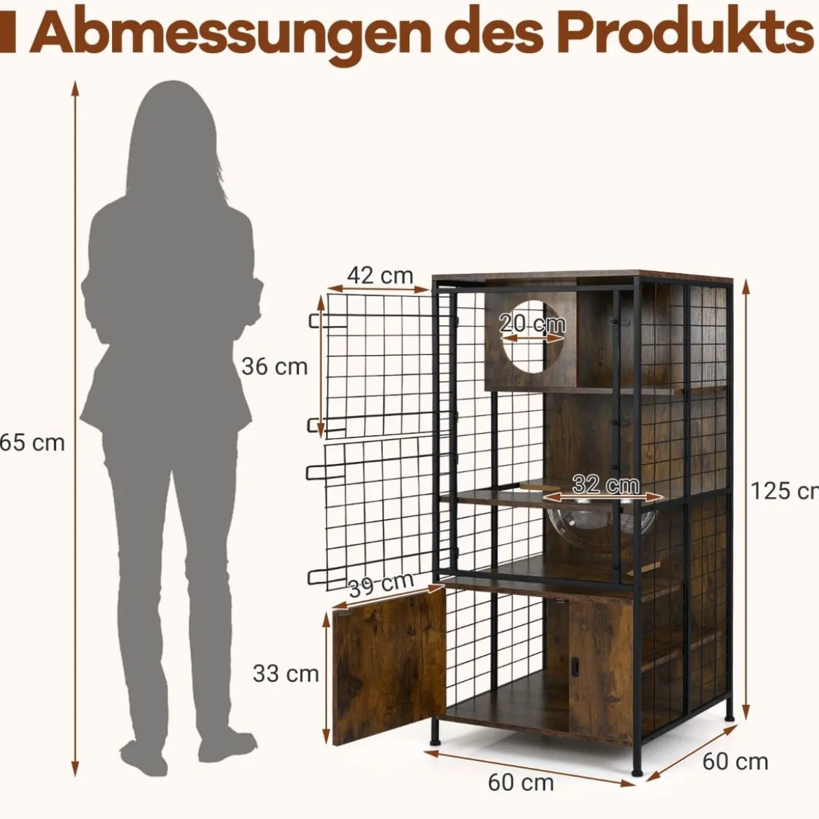 Moderner Katzenkabinett-Käfig mehrstöckiger Katzenstall mit Metallrahmen Katzenfutternapf Löcher Braun