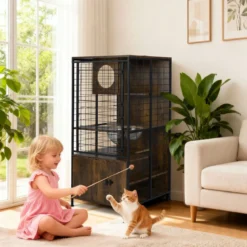 Moderner Katzenkabinett-Käfig mehrstöckiger Katzenstall mit Metallrahmen Katzenfutternapf Löcher Braun
