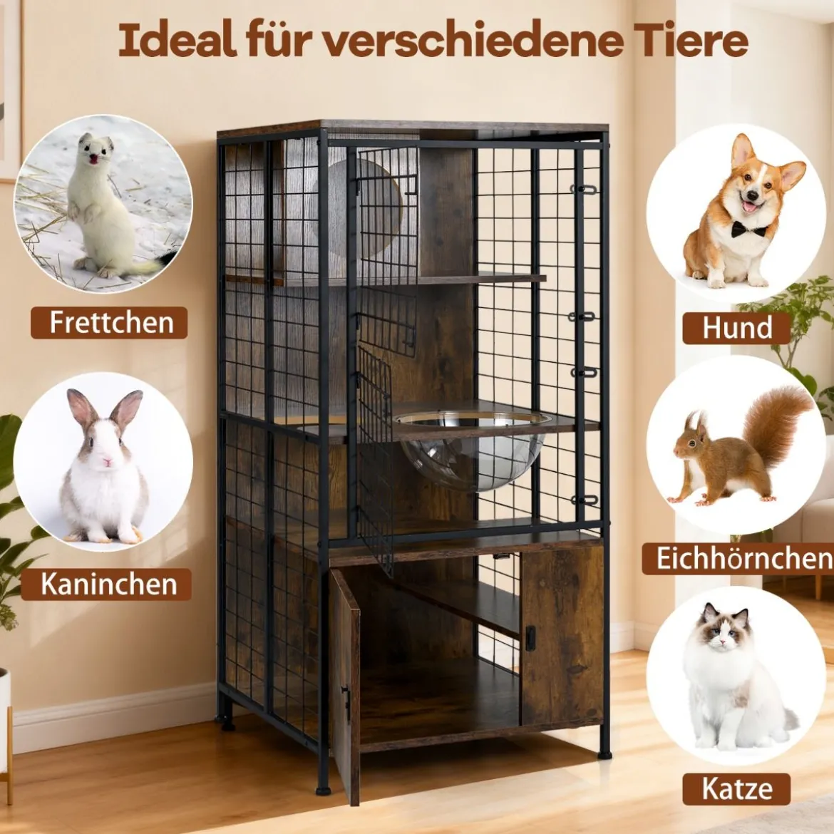 Moderner Katzenkabinett-Käfig mehrstöckiger Katzenstall mit Metallrahmen Katzenfutternapf Löcher Braun