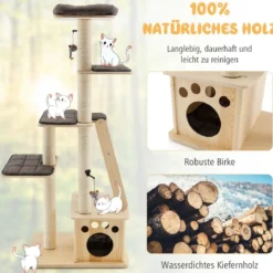 Moderner Kratzbaum aus Holz mit Katzenhaus & Spielzeugball & Rampe 70 x 50 x 169 cm Beige