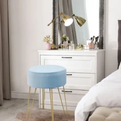 Moderner runder Fußhocker Ottomane aus Samt gepolsterter Ankleidehocker Beistellhocker Blau