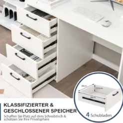 Moderner Schreibtisch mit 4 Schubladen Home Office Computertisch 110 x 60 x 76 cm Weiß