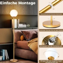 Moderner Stehlampe 165 cm hohe Stehlampe mit Glasschirm & gewichteter Basis Fußschalter Golden