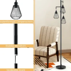 Moderne Stehlampe 169 cm industrielle Standleuchte mit 3 Lampenschirmen 25 x 168 cm Schwarz