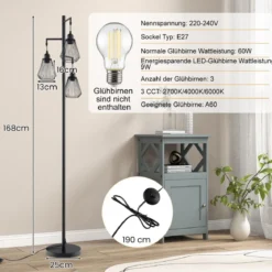 Moderne Stehlampe 169 cm industrielle Standleuchte mit 3 Lampenschirmen 25 x 168 cm Schwarz