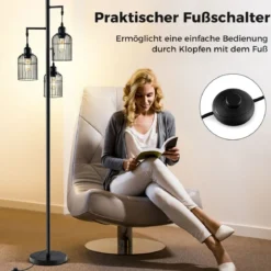 Moderne Stehlampe 169 cm industrielle Standleuchte mit 3 Lampenschirmen Fußschalter 25 x 169 cm Schwarz