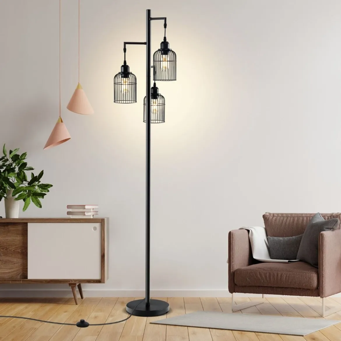 Moderne Stehlampe 169 cm industrielle Standleuchte mit 3 Lampenschirmen Fußschalter 25 x 169 cm Schwarz