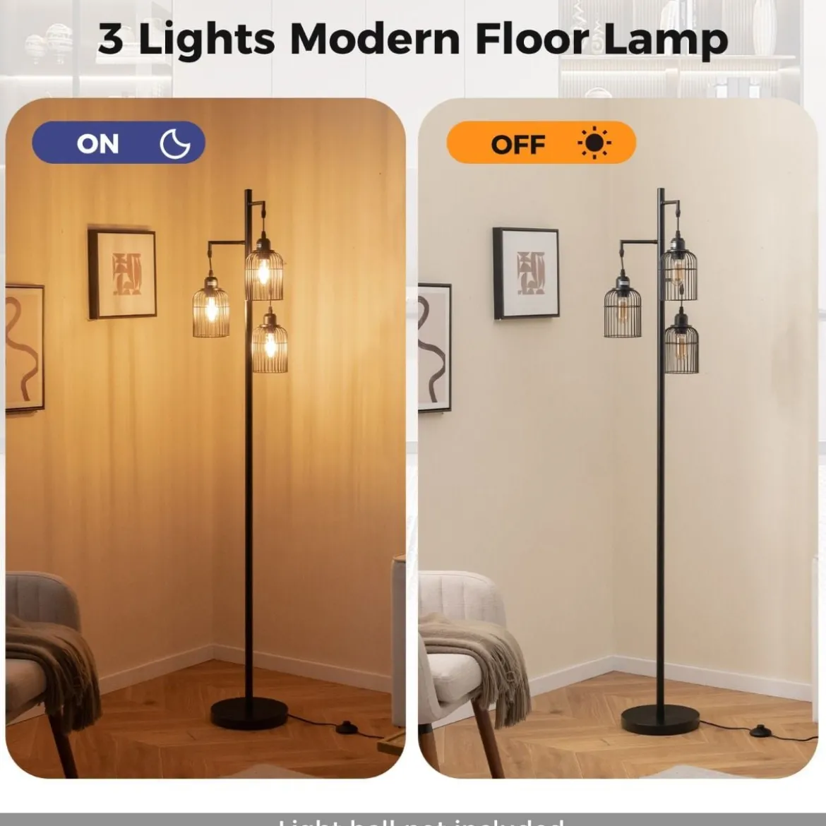 Moderne Stehlampe 169 cm industrielle Standleuchte mit 3 Lampenschirmen Fußschalter 25 x 169 cm Schwarz