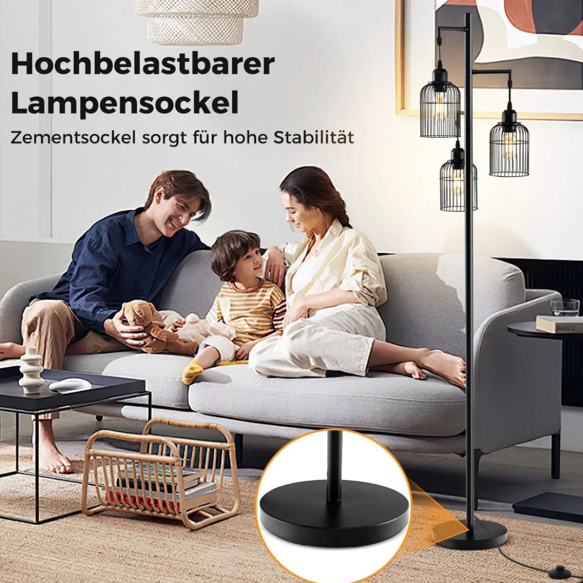 Moderne Stehlampe 169 cm industrielle Standleuchte mit 3 Lampenschirmen Fußschalter 25 x 169 cm Schwarz
