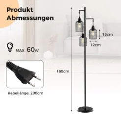 Moderne Stehlampe 169 cm industrielle Standleuchte mit 3 Lampenschirmen Fußschalter 25 x 169 cm Schwarz