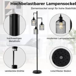 Moderne Stehlampe 169 cm industrielle Standleuchte mit 3 Lampenschirmen Fußschalter 25 x 169 cm Schwarz