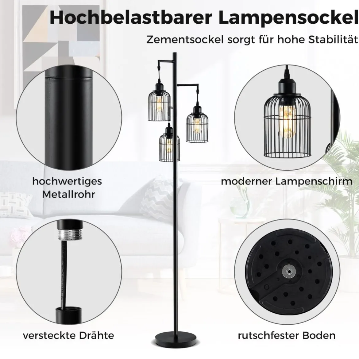 Moderne Stehlampe 169 cm industrielle Standleuchte mit 3 Lampenschirmen Fußschalter 25 x 169 cm Schwarz