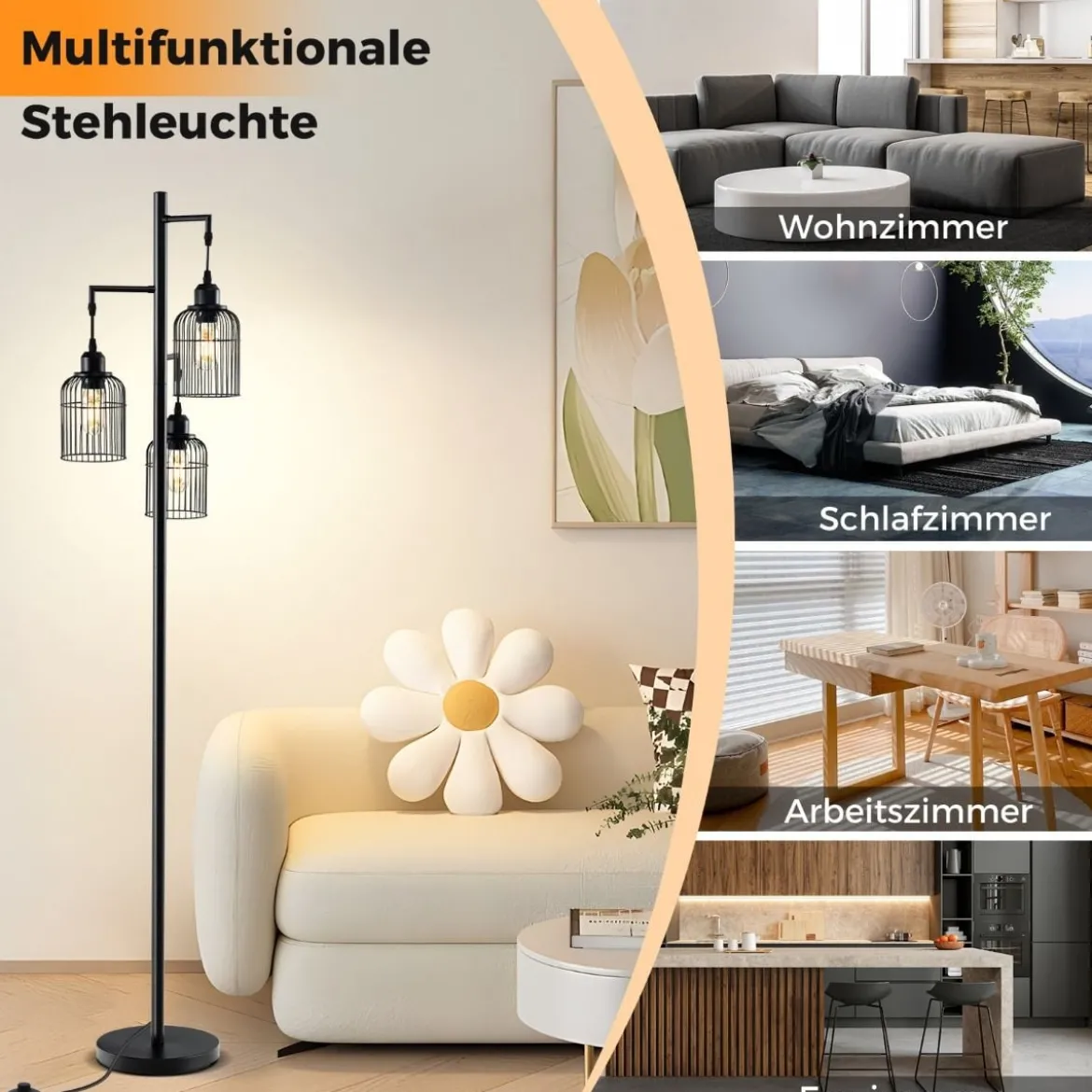 Moderne Stehlampe 169 cm industrielle Standleuchte mit 3 Lampenschirmen Fußschalter 25 x 169 cm Schwarz