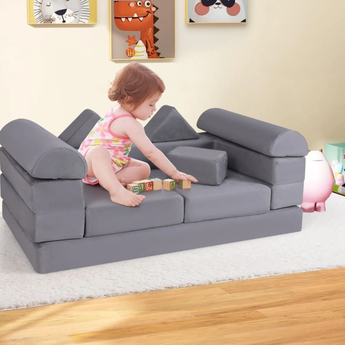 Modulares Kindersofa 9-teiliges Spielsofa aus Schaumstoff Bausteine mit bequemem Wildlederstoff Beige/Grau