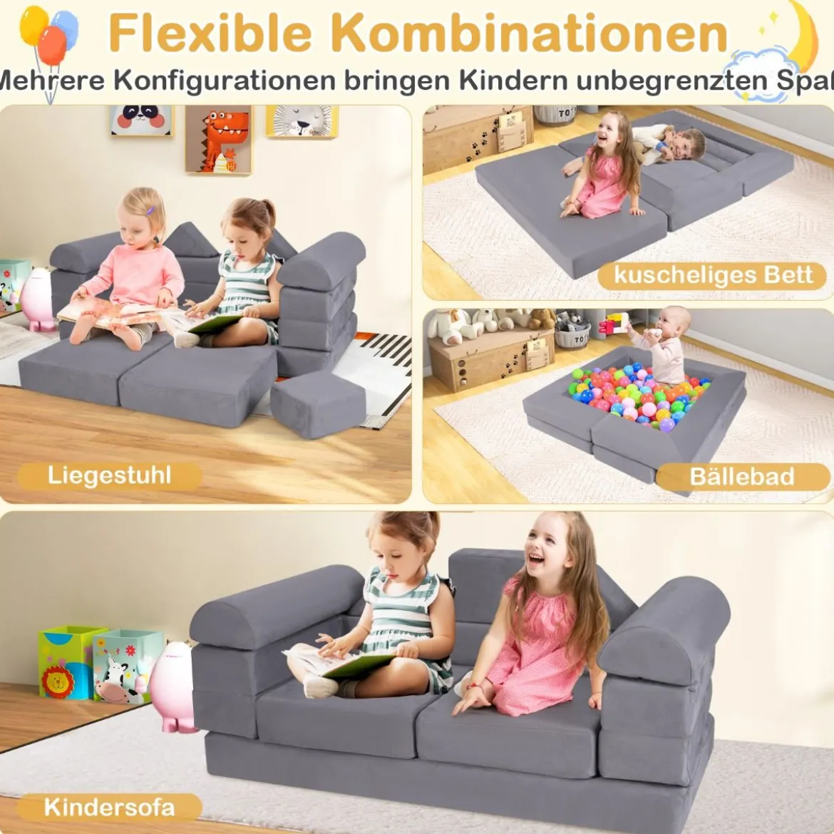Modulares Kindersofa 9-teiliges Spielsofa aus Schaumstoff Bausteine mit bequemem Wildlederstoff Beige/Grau