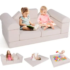 Modulares Kindersofa 9-teiliges Spielsofa aus Schaumstoff Bausteine mit bequemem Wildlederstoff Beige/Grau