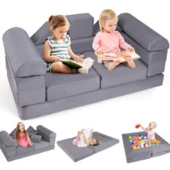 Modulares Kindersofa 9-teiliges Spielsofa aus Schaumstoff Bausteine mit bequemem Wildlederstoff Beige/Grau