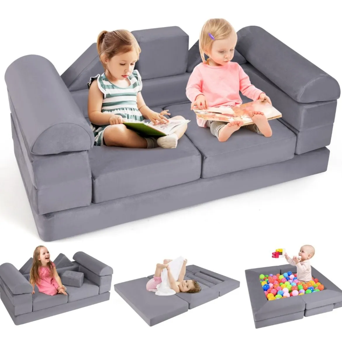Modulares Kindersofa 9-teiliges Spielsofa aus Schaumstoff Bausteine mit bequemem Wildlederstoff Beige/Grau