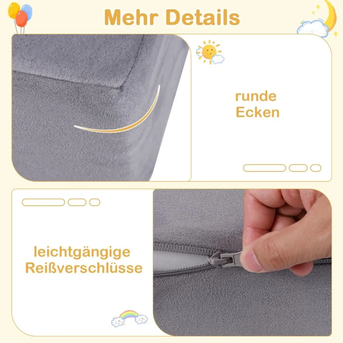 Modulares Kindersofa 9-teiliges Spielsofa aus Schaumstoff Bausteine mit bequemem Wildlederstoff Beige/Grau