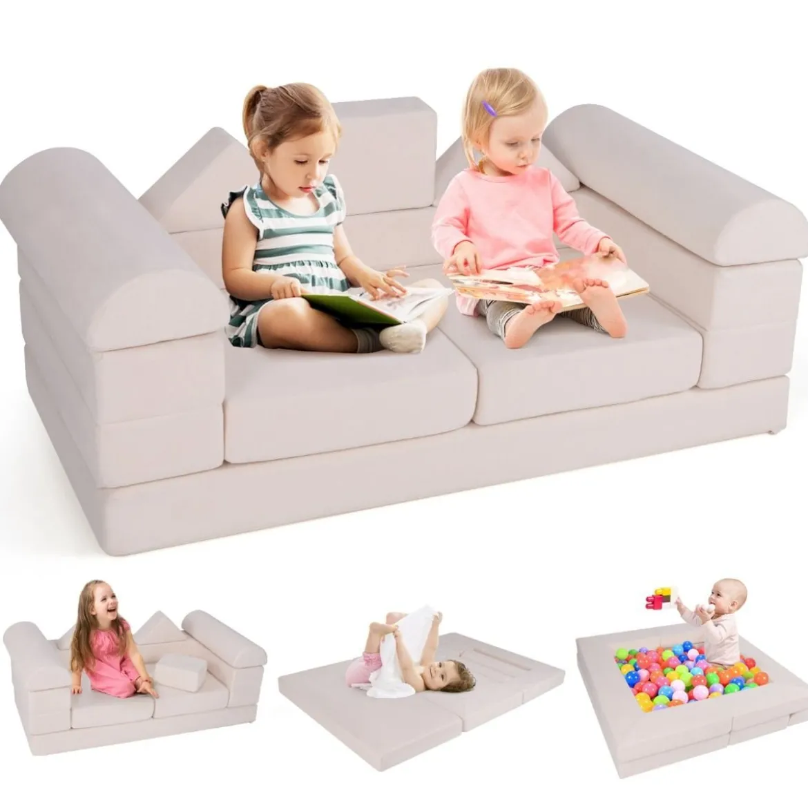 Modulares Kindersofa 9-teiliges Spielsofa aus Schaumstoff Bausteine mit bequemem Wildlederstoff Beige/Grau
