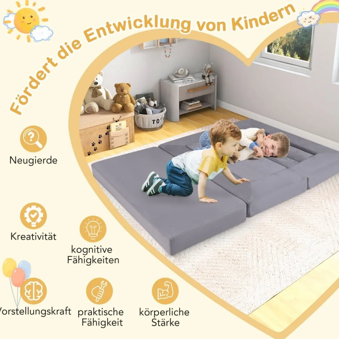 Modulares Kindersofa 9-teiliges Spielsofa aus Schaumstoff Bausteine mit bequemem Wildlederstoff Beige/Grau