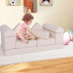 Modulares Kindersofa 9-teiliges Spielsofa aus Schaumstoff Bausteine mit bequemem Wildlederstoff Beige/Grau