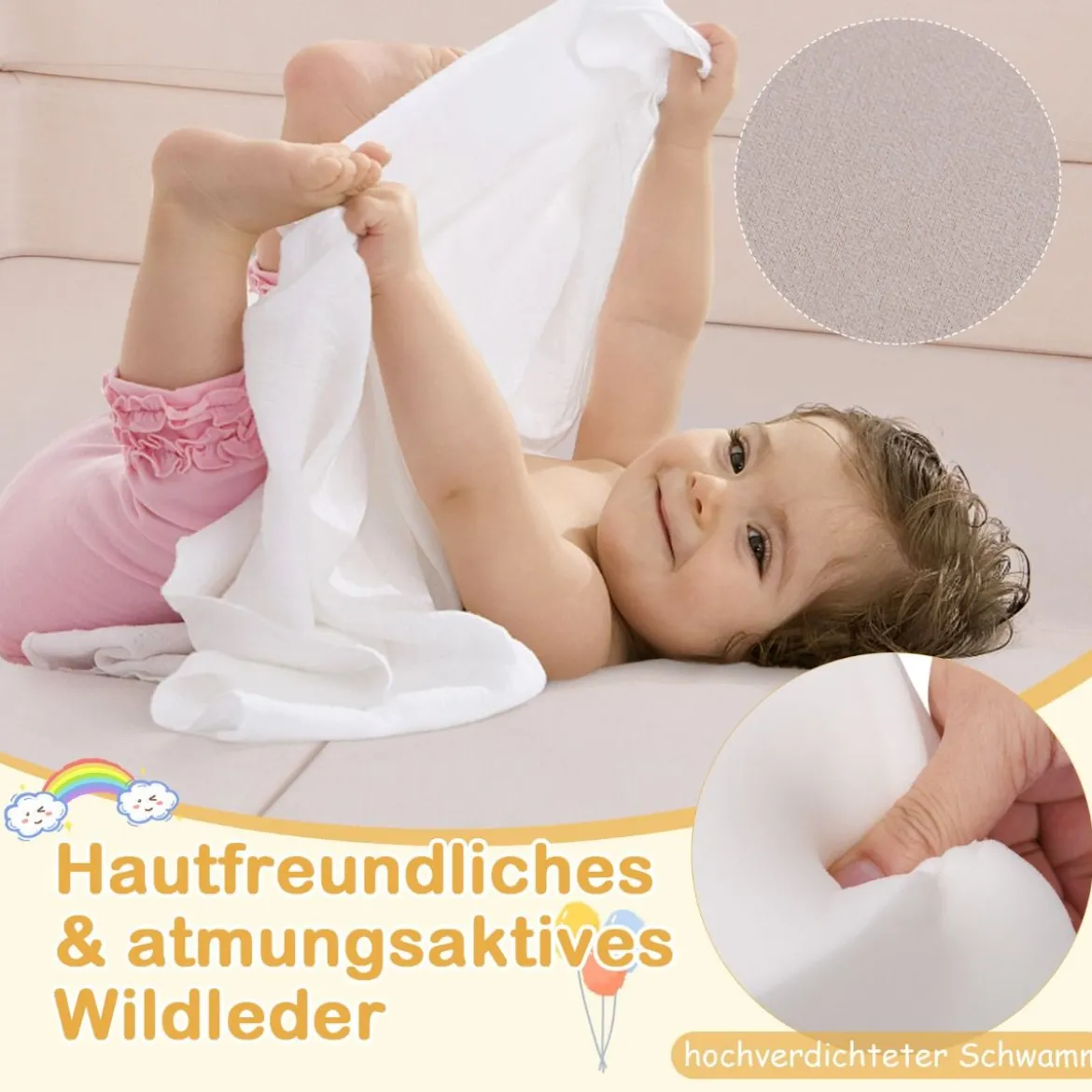 Modulares Kindersofa 9-teiliges Spielsofa aus Schaumstoff Bausteine mit bequemem Wildlederstoff Beige/Grau