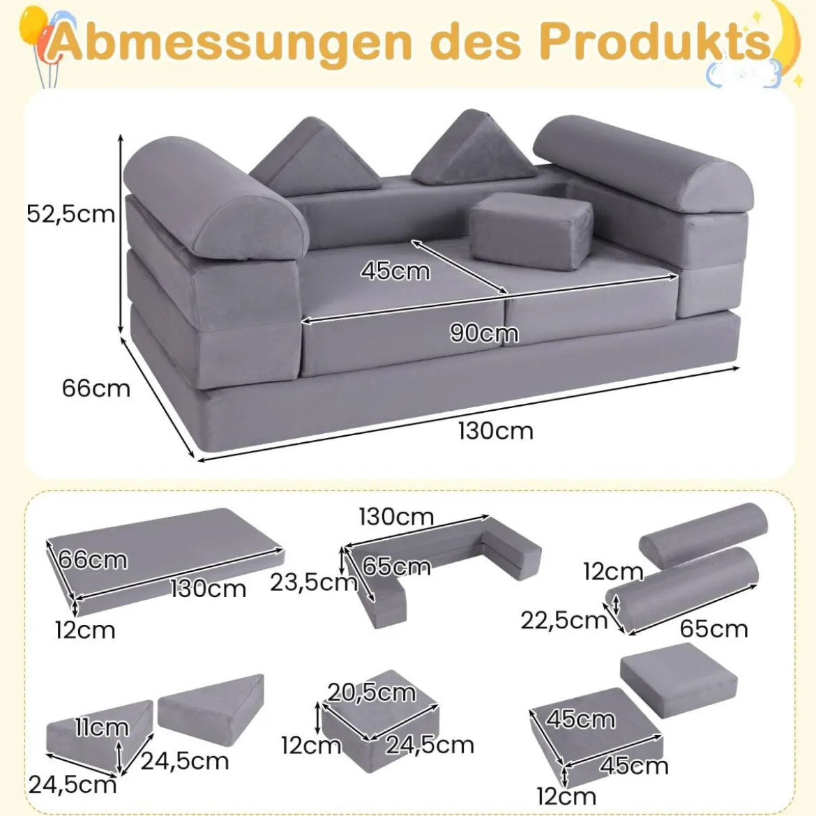 Modulares Kindersofa 9-teiliges Spielsofa aus Schaumstoff Bausteine mit bequemem Wildlederstoff Beige/Grau