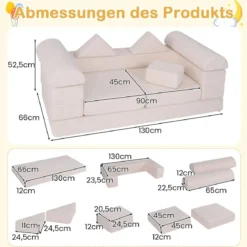 Modulares Kindersofa 9-teiliges Spielsofa aus Schaumstoff Bausteine mit bequemem Wildlederstoff Beige/Grau