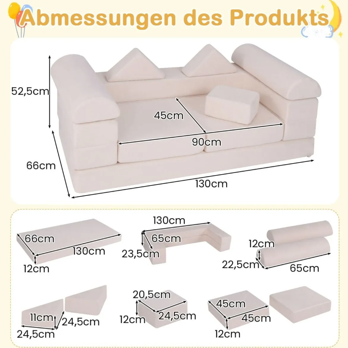 Modulares Kindersofa 9-teiliges Spielsofa aus Schaumstoff Bausteine mit bequemem Wildlederstoff Beige/Grau