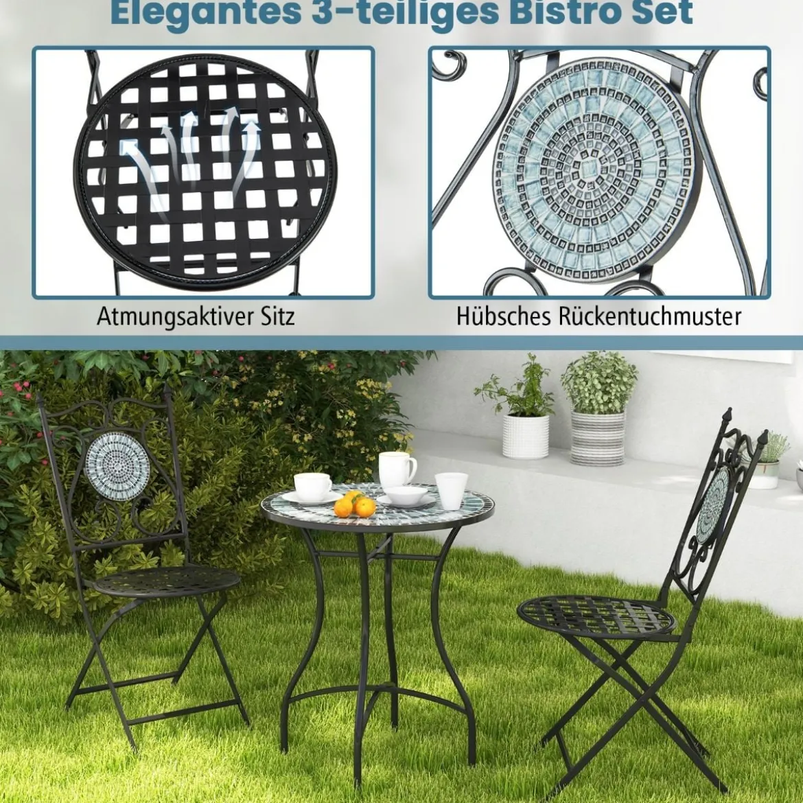 Mosaik Gartentisch Mosaiktisch Rund Bistrotisch Terrassentisch 60 x 60 x 72 cm