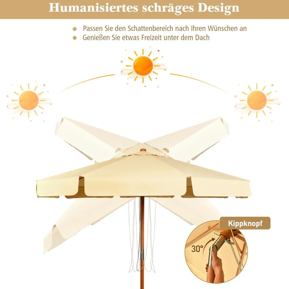 3m Sonnenschirm mit verstellvarem Neigungswinkels 8 Querstreben & Wasserdichtes Polyestergewebe mit UV-Schutz