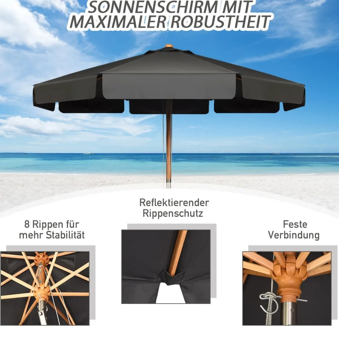 3m Sonnenschirm mit verstellvarem Neigungswinkels 8 Querstreben & Wasserdichtes Polyestergewebe mit UV-Schutz