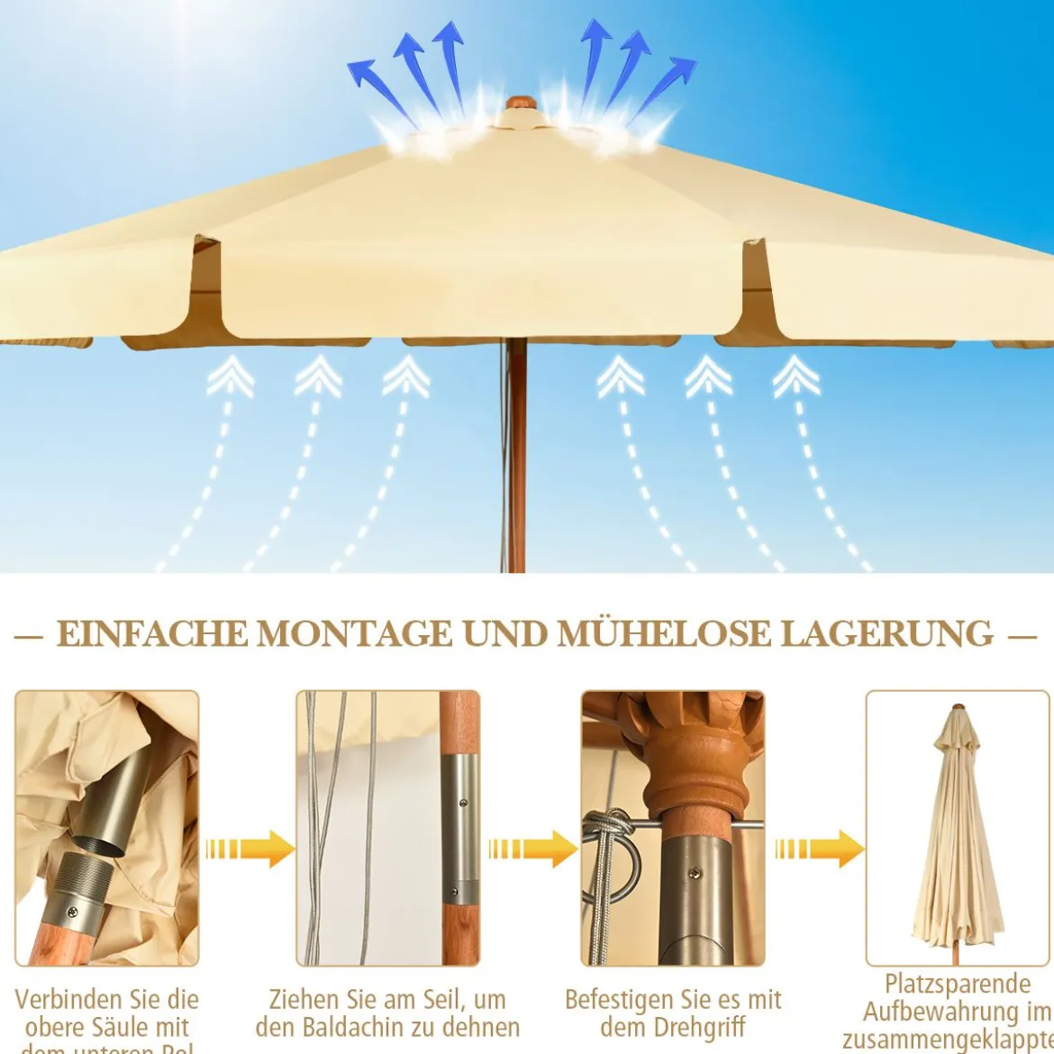 3m Sonnenschirm mit verstellvarem Neigungswinkels 8 Querstreben & Wasserdichtes Polyestergewebe mit UV-Schutz