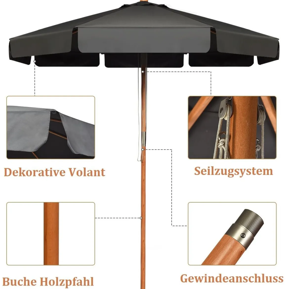 3m Sonnenschirm mit verstellvarem Neigungswinkels 8 Querstreben & Wasserdichtes Polyestergewebe mit UV-Schutz