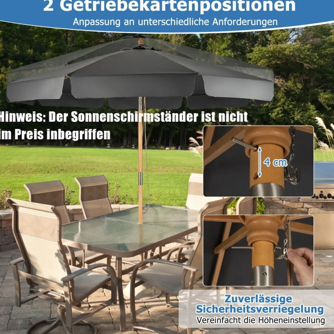 3m Sonnenschirm mit verstellvarem Neigungswinkels 8 Querstreben & Wasserdichtes Polyestergewebe mit UV-Schutz